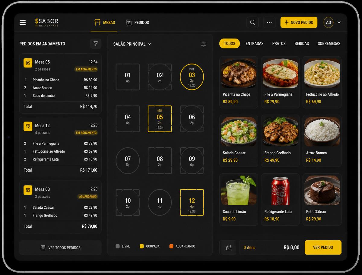 PDV do iChef Pro em tablet com mesas e pedidos